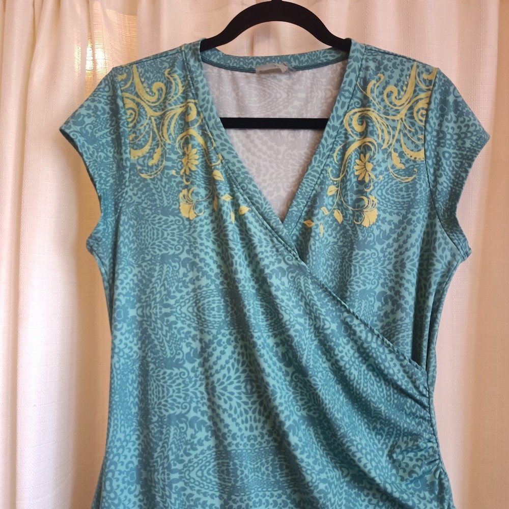 Athleta A-Line Dress Women's Teal/Yellow Print Faux Wrap Ruched Stretch Size L - Picture 2 of 5